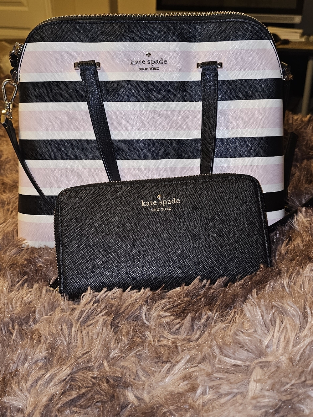 Kate Spade Black & Pink Striped Dome Tote with Black Wallet